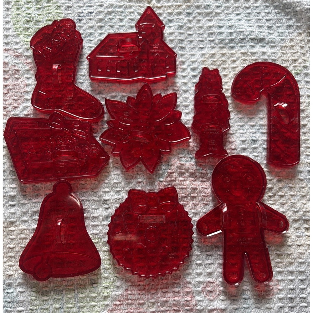 9 Vintage COOKIE CUTTERS HRM Red Plastic Nursery Rhyme Brownie Educational